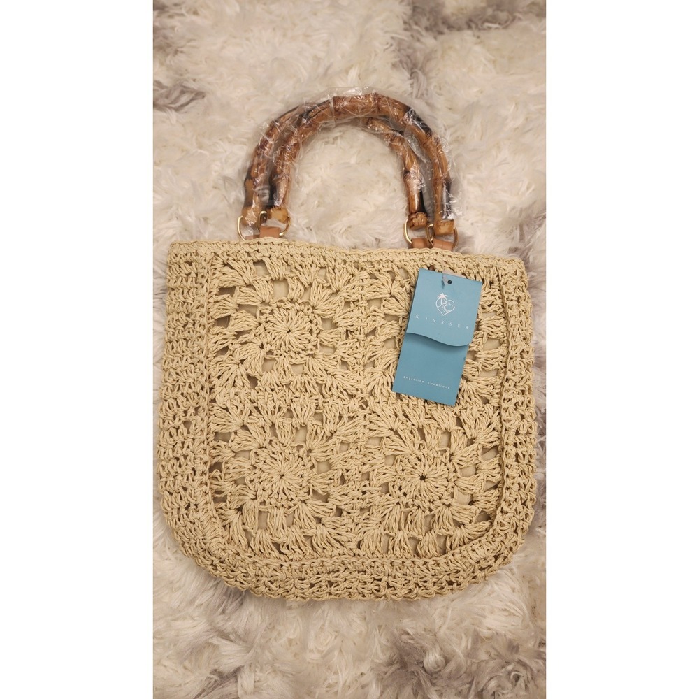 KISSSEA Crochet Straw Tote Bag Bamboo Handles Zip Closure Inner Pockets Women